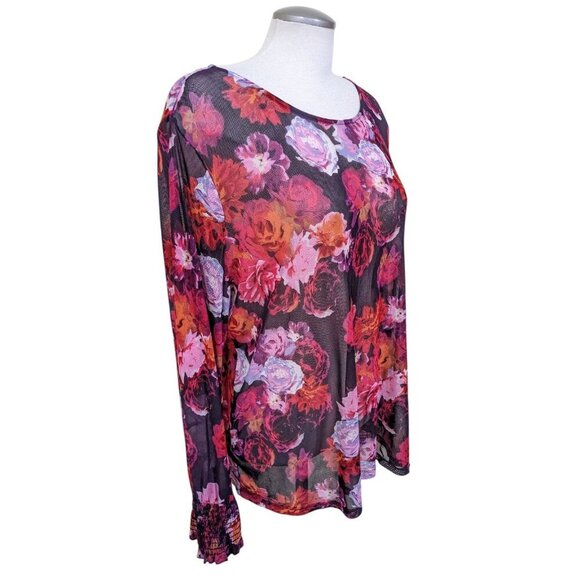 Womens Plus 3X Mesh Floral Top Blouse Smocked Wrist Bell Sleeve Sheer Bohemian - Picture 2 of 8